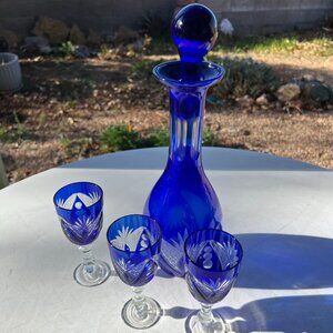 Vintage Set of 5 Clear to Blue Cut Glass Bohemian Decanter and Wine Liquor Glass